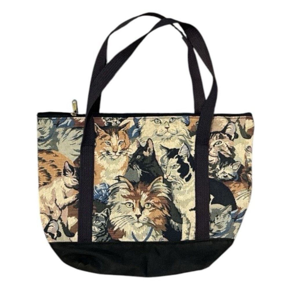 Vintage Cat Woven Tapestry Tote Bag Zippered Shoulder Bag Cat Lover Purse 90s